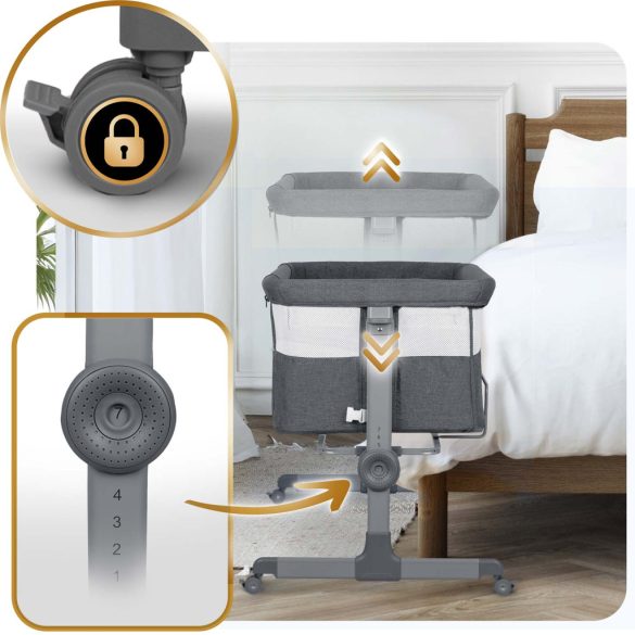 Utazó gyerekágy, Nukido NK-243, sötétszürke, 88 x 61 cm, magasság: 70-83 cm, ágy mellé csatlakoztatható, 4 fékezhető kerék, összecsukható, matraccal, állványos, teherbírás: 9 kg