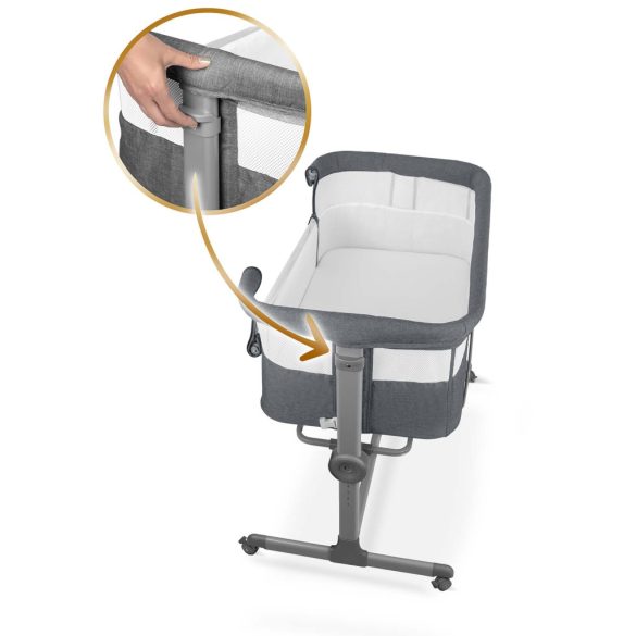 Utazó gyerekágy, Nukido NK-243, sötétszürke, 88 x 61 cm, magasság: 70-83 cm, ágy mellé csatlakoztatható, 4 fékezhető kerék, összecsukható, matraccal, állványos, teherbírás: 9 kg