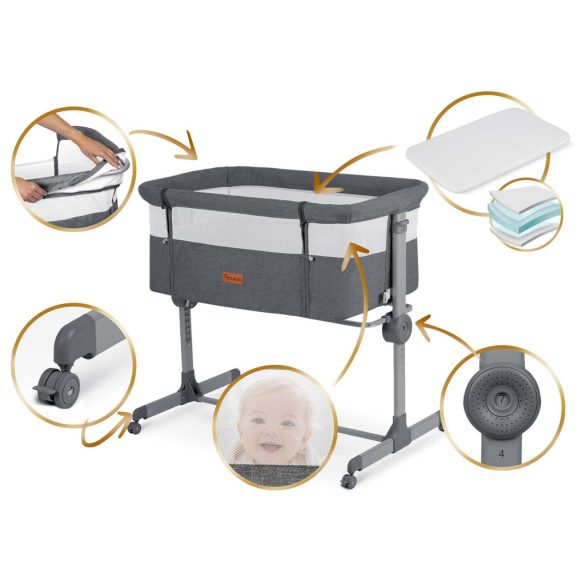 Utazó gyerekágy, Nukido NK-243, sötétszürke, 88 x 61 cm, magasság: 70-83 cm, ágy mellé csatlakoztatható, 4 fékezhető kerék, összecsukható, matraccal, állványos, teherbírás: 9 kg