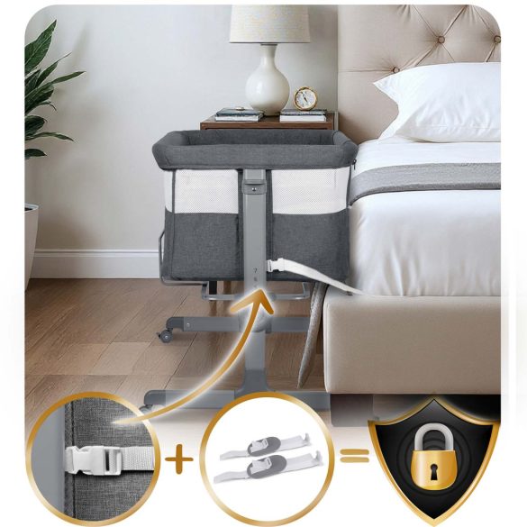 Utazó gyerekágy, Nukido NK-243, sötétszürke, 88 x 61 cm, magasság: 70-83 cm, ágy mellé csatlakoztatható, 4 fékezhető kerék, összecsukható, matraccal, állványos, teherbírás: 9 kg