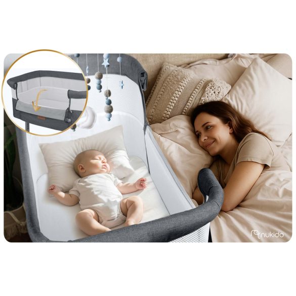 Utazó gyerekágy, Nukido NK-243, sötétszürke, 88 x 61 cm, magasság: 70-83 cm, ágy mellé csatlakoztatható, 4 fékezhető kerék, összecsukható, matraccal, állványos, teherbírás: 9 kg