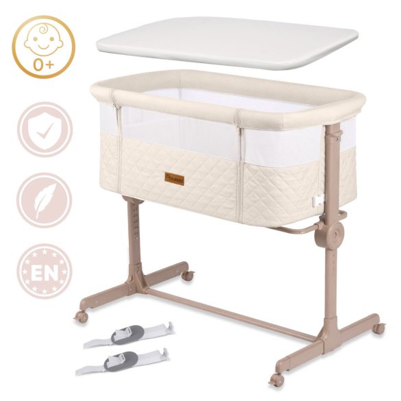 Utazó gyerekágy, Nukido NK-243, krémszínű, 88 x 55 cm, magasság: 70-83 cm, ágy mellé csatlakoztatható, 4 fékezhető kerék, összecsukható, matraccal, állványos, teherbírás: 9 kg