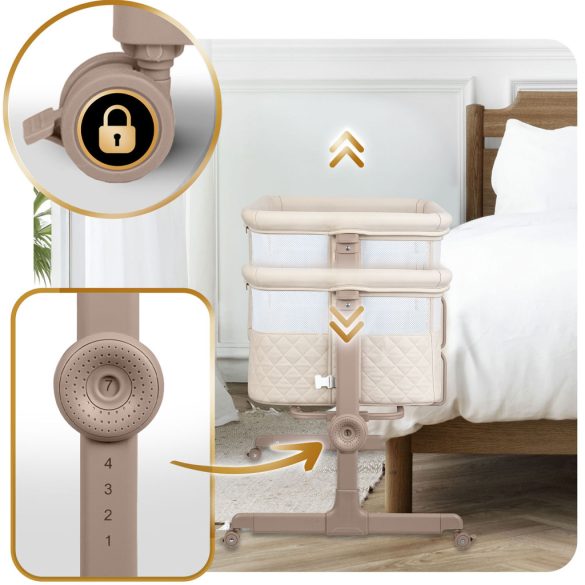 Utazó gyerekágy, Nukido NK-243, krémszínű, 88 x 55 cm, magasság: 70-83 cm, ágy mellé csatlakoztatható, 4 fékezhető kerék, összecsukható, matraccal, állványos, teherbírás: 9 kg