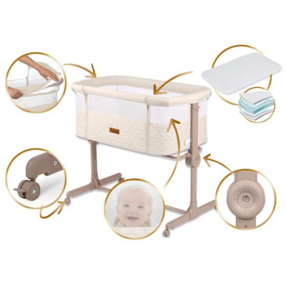 Utazó gyerekágy, Nukido NK-243, krémszínű, 88 x 55 cm, magasság: 70-83 cm, ágy mellé csatlakoztatható, 4 fékezhető kerék, összecsukható, matraccal, állványos, teherbírás: 9 kg