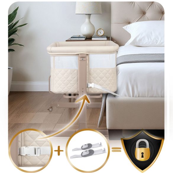 Utazó gyerekágy, Nukido NK-243, krémszínű, 88 x 55 cm, magasság: 70-83 cm, ágy mellé csatlakoztatható, 4 fékezhető kerék, összecsukható, matraccal, állványos, teherbírás: 9 kg