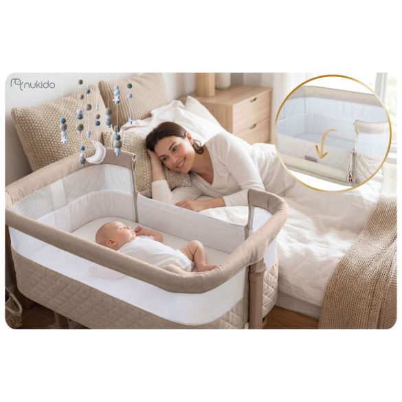 Utazó gyerekágy, Nukido NK-243, krémszínű, 88 x 55 cm, magasság: 70-83 cm, ágy mellé csatlakoztatható, 4 fékezhető kerék, összecsukható, matraccal, állványos, teherbírás: 9 kg