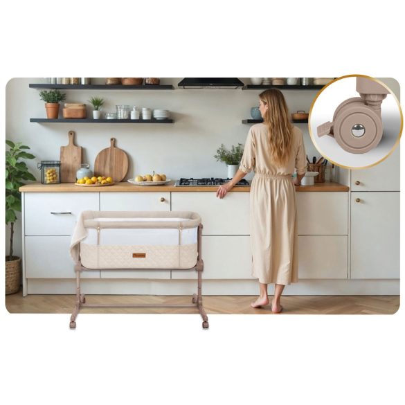 Utazó gyerekágy, Nukido NK-243, krémszínű, 88 x 55 cm, magasság: 70-83 cm, ágy mellé csatlakoztatható, 4 fékezhető kerék, összecsukható, matraccal, állványos, teherbírás: 9 kg