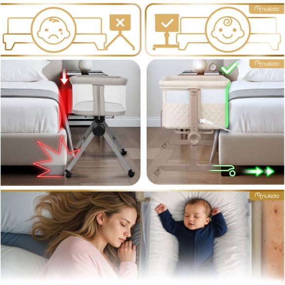 Utazó gyerekágy, Nukido NK-243, krémszínű, 88 x 55 cm, magasság: 70-83 cm, ágy mellé csatlakoztatható, 4 fékezhető kerék, összecsukható, matraccal, állványos, teherbírás: 9 kg