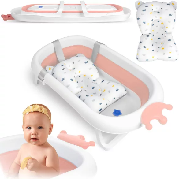 Utazó gyerekkád, Ricokids RK-280, fehér/rózsaszín, 90 x 50 cm, összecsukható, hőérzékelős dugóval, kivehető párnával, teherbírás: 45 kg, 0-6 éves korig