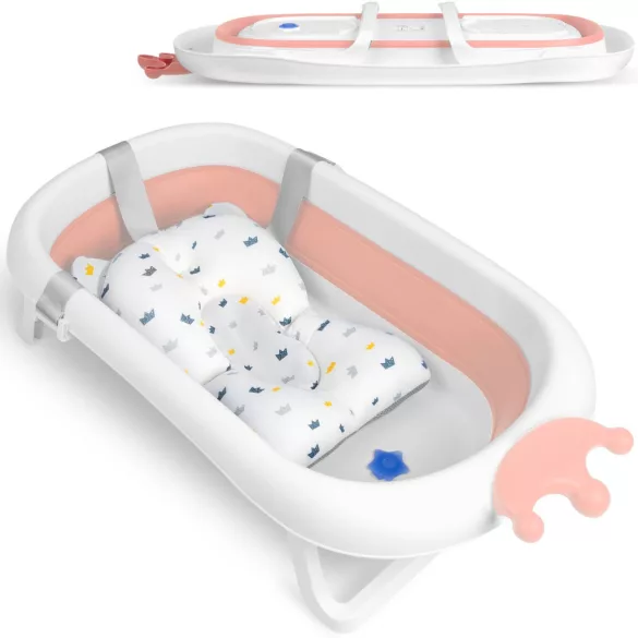 Utazó gyerekkád, Ricokids RK-280, fehér/rózsaszín, 90 x 50 cm, összecsukható, hőérzékelős dugóval, kivehető párnával, teherbírás: 45 kg, 0-6 éves korig