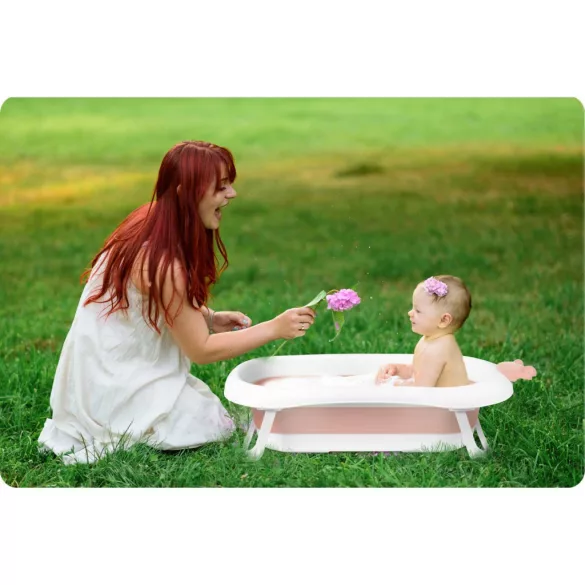 Utazó gyerekkád, Ricokids RK-280, fehér/rózsaszín, 90 x 50 cm, összecsukható, hőérzékelős dugóval, kivehető párnával, teherbírás: 45 kg, 0-6 éves korig