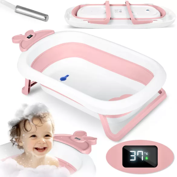 Utazó gyerekkád, Ricokids RK-282, fehér/rózsaszín, 96 x 51 cm, összecsukható, LCD hőmérővel, hőérzékelős dugóval, teherbírás: 45 kg, 0–6 éves korig