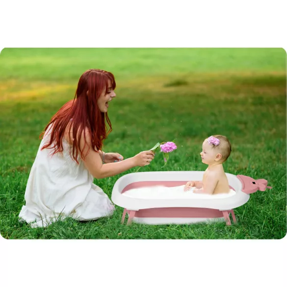 Utazó gyerekkád, Ricokids RK-282, fehér/rózsaszín, 96 x 51 cm, összecsukható, LCD hőmérővel, hőérzékelős dugóval, teherbírás: 45 kg, 0–6 éves korig
