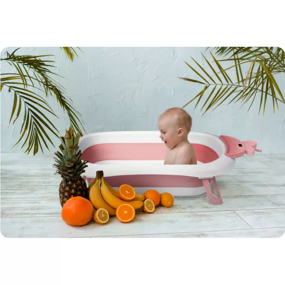 Utazó gyerekkád, Ricokids RK-282, fehér/rózsaszín, 96 x 51 cm, összecsukható, LCD hőmérővel, hőérzékelős dugóval, teherbírás: 45 kg, 0–6 éves korig