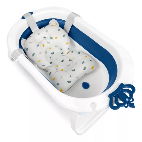 Utazó gyerekkád, Ricokids RK-286, fehér/kék, 86 x 48 cm, 45 l, összecsukható, hőérzékelős dugóval, kivehető párnával, teherbírás: 55 kg, 0-3 éves korig