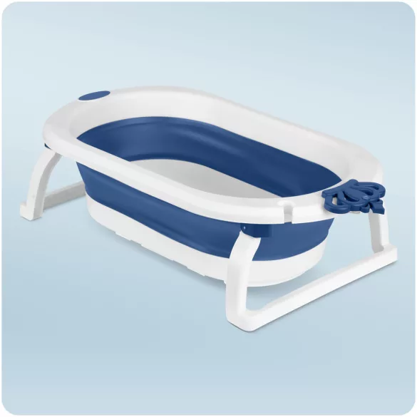 Utazó gyerekkád, Ricokids RK-286, fehér/kék, 86 x 48 cm, 45 l, összecsukható, hőérzékelős dugóval, kivehető párnával, teherbírás: 55 kg, 0-3 éves korig