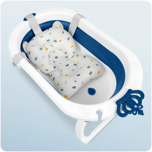 Utazó gyerekkád, Ricokids RK-286, fehér/kék, 86 x 48 cm, 45 l, összecsukható, hőérzékelős dugóval, kivehető párnával, teherbírás: 55 kg, 0-3 éves korig