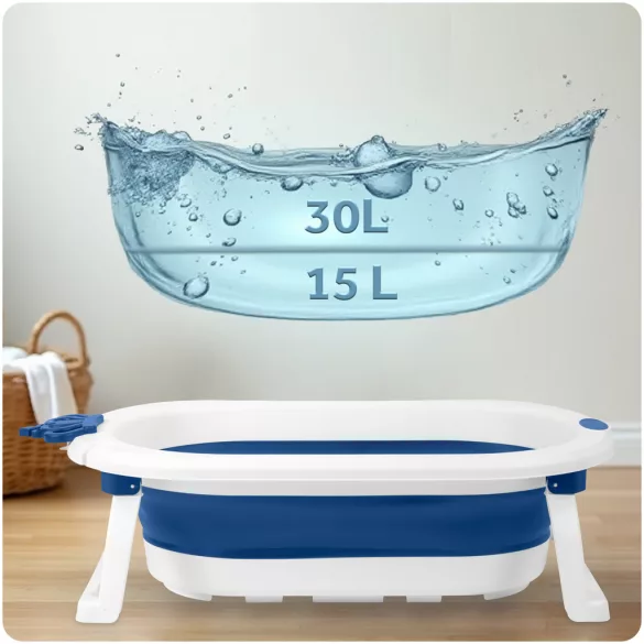 Utazó gyerekkád, Ricokids RK-286, fehér/kék, 86 x 48 cm, 45 l, összecsukható, hőérzékelős dugóval, kivehető párnával, teherbírás: 55 kg, 0-3 éves korig