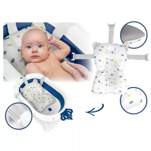 Utazó gyerekkád, Ricokids RK-286, fehér/kék, 86 x 48 cm, 45 l, összecsukható, hőérzékelős dugóval, kivehető párnával, teherbírás: 55 kg, 0-3 éves korig