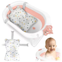   Utazó gyerekkád, Ricokids RK-286, fehér/rózsaszín, 86 x 48 cm, 45 l, összecsukható, hőérzékelős dugóval, kivehető párnával, teherbírás: 55 kg, 0-3 éves korig