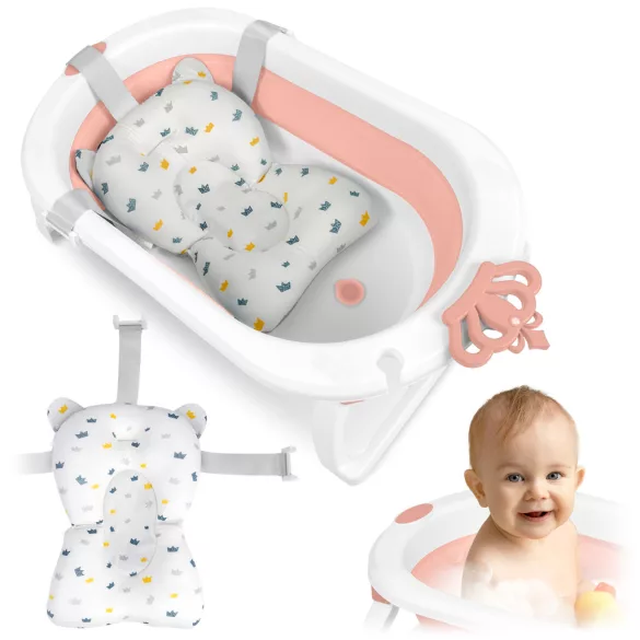 Utazó gyerekkád, Ricokids RK-286, fehér/rózsaszín, 86 x 48 cm, 45 l, összecsukható, hőérzékelős dugóval, kivehető párnával, teherbírás: 55 kg, 0-3 éves korig