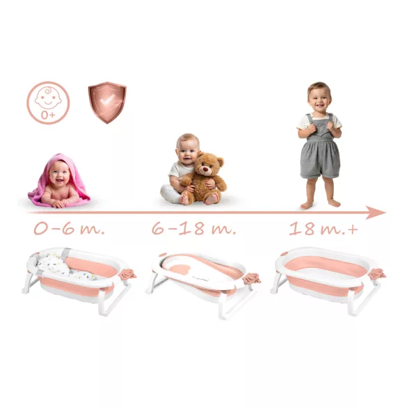 Utazó gyerekkád, Ricokids RK-286, fehér/rózsaszín, 86 x 48 cm, 45 l, összecsukható, hőérzékelős dugóval, kivehető párnával, teherbírás: 55 kg, 0-3 éves korig