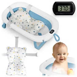   Utazó gyerekkád, Ricokids RK-287, fehér/kék, 85 x 45 cm, 45 l, összecsukható, hőmérővel, hőérzékelős dugóval, kivehető párnával, teherbírás: 45 kg, 0-3 éves korig