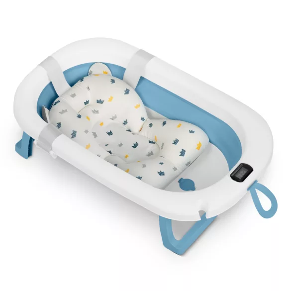 Utazó gyerekkád, Ricokids RK-287, fehér/kék, 85 x 45 cm, 45 l, összecsukható, hőmérővel, hőérzékelős dugóval, kivehető párnával, teherbírás: 45 kg, 0-3 éves korig