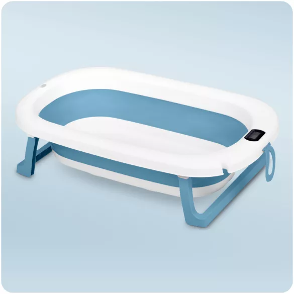 Utazó gyerekkád, Ricokids RK-287, fehér/kék, 85 x 45 cm, 45 l, összecsukható, hőmérővel, hőérzékelős dugóval, kivehető párnával, teherbírás: 45 kg, 0-3 éves korig