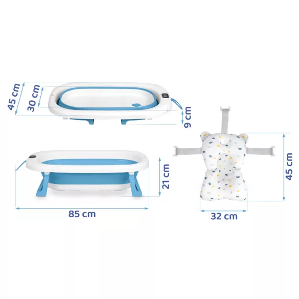 Utazó gyerekkád, Ricokids RK-287, fehér/kék, 85 x 45 cm, 45 l, összecsukható, hőmérővel, hőérzékelős dugóval, kivehető párnával, teherbírás: 45 kg, 0-3 éves korig