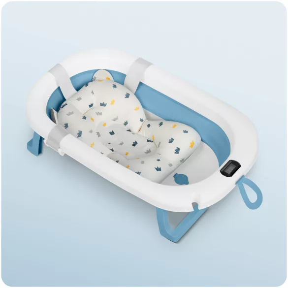 Utazó gyerekkád, Ricokids RK-287, fehér/kék, 85 x 45 cm, 45 l, összecsukható, hőmérővel, hőérzékelős dugóval, kivehető párnával, teherbírás: 45 kg, 0-3 éves korig