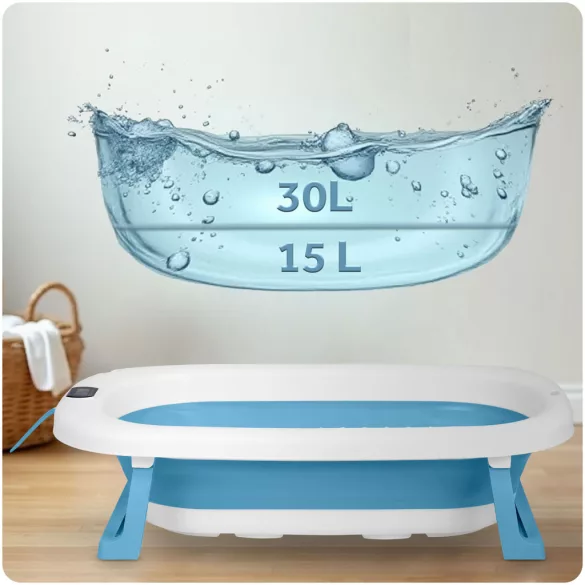 Utazó gyerekkád, Ricokids RK-287, fehér/kék, 85 x 45 cm, 45 l, összecsukható, hőmérővel, hőérzékelős dugóval, kivehető párnával, teherbírás: 45 kg, 0-3 éves korig