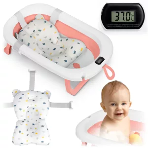 Utazó gyerekkád, Ricokids RK-287, fehér/rózsaszín, 85 x 45 cm, 45 l, összecsukható, hőmérővel, hőérzékelős dugóval, kivehető párnával, teherbírás: 45 kg, 0-3 éves korig