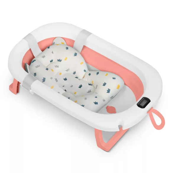Utazó gyerekkád, Ricokids RK-287, fehér/rózsaszín, 85 x 45 cm, 45 l, összecsukható, hőmérővel, hőérzékelős dugóval, kivehető párnával, teherbírás: 45 kg, 0-3 éves korig