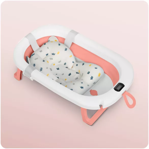 Utazó gyerekkád, Ricokids RK-287, fehér/rózsaszín, 85 x 45 cm, 45 l, összecsukható, hőmérővel, hőérzékelős dugóval, kivehető párnával, teherbírás: 45 kg, 0-3 éves korig