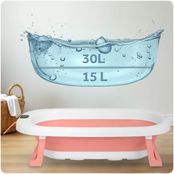 Utazó gyerekkád, Ricokids RK-287, fehér/rózsaszín, 85 x 45 cm, 45 l, összecsukható, hőmérővel, hőérzékelős dugóval, kivehető párnával, teherbírás: 45 kg, 0-3 éves korig