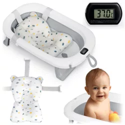   Utazó gyerekkád, Ricokids RK-287, fehér/szürke, 85 x 45 cm, 45 l, összecsukható, hőmérővel, hőérzékelős dugóval, kivehető párnával, teherbírás: 45 kg, 0-3 éves korig