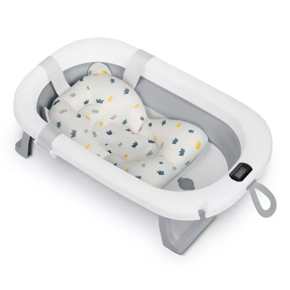 Utazó gyerekkád, Ricokids RK-287, fehér/szürke, 85 x 45 cm, 45 l, összecsukható, hőmérővel, hőérzékelős dugóval, kivehető párnával, teherbírás: 45 kg, 0-3 éves korig