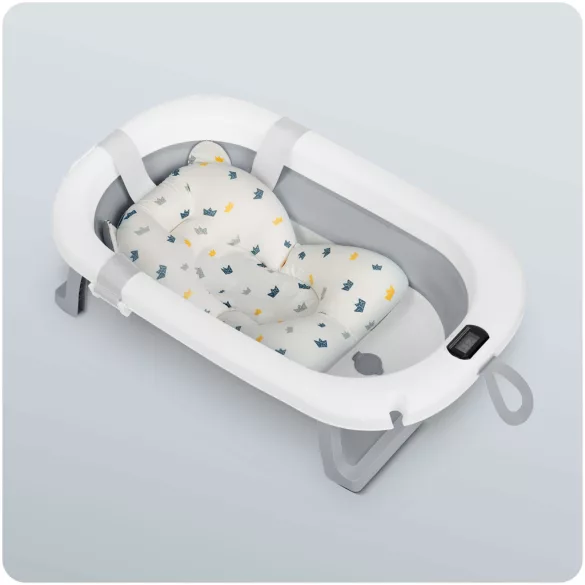 Utazó gyerekkád, Ricokids RK-287, fehér/szürke, 85 x 45 cm, 45 l, összecsukható, hőmérővel, hőérzékelős dugóval, kivehető párnával, teherbírás: 45 kg, 0-3 éves korig