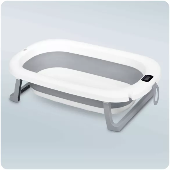 Utazó gyerekkád, Ricokids RK-287, fehér/szürke, 85 x 45 cm, 45 l, összecsukható, hőmérővel, hőérzékelős dugóval, kivehető párnával, teherbírás: 45 kg, 0-3 éves korig