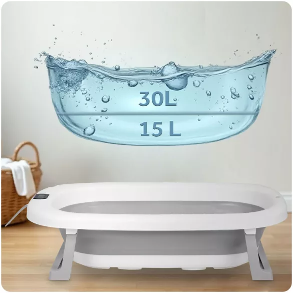 Utazó gyerekkád, Ricokids RK-287, fehér/szürke, 85 x 45 cm, 45 l, összecsukható, hőmérővel, hőérzékelős dugóval, kivehető párnával, teherbírás: 45 kg, 0-3 éves korig