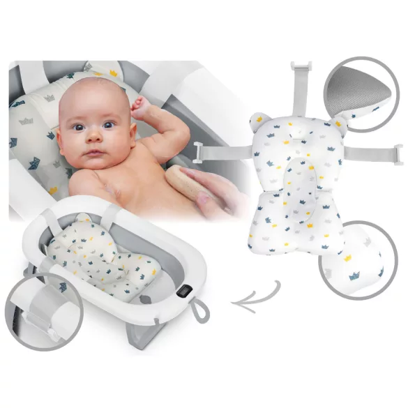Utazó gyerekkád, Ricokids RK-287, fehér/szürke, 85 x 45 cm, 45 l, összecsukható, hőmérővel, hőérzékelős dugóval, kivehető párnával, teherbírás: 45 kg, 0-3 éves korig