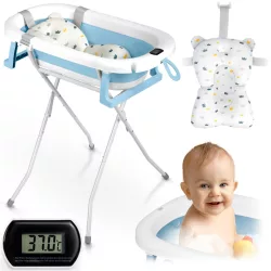   Utazó gyerekkád, Ricokids RK-287, fehér/kék, 85 x 45 cm, 45 l, összecsukható, hőmérővel, hőérzékelős dugóval, kivehető párnával, állvánnyal, teherbírás: 45 kg, 0-3 éves korig