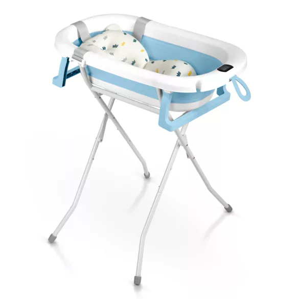 Utazó gyerekkád, Ricokids RK-287, fehér/kék, 85 x 45 cm, 45 l, összecsukható, hőmérővel, hőérzékelős dugóval, kivehető párnával, állvánnyal, teherbírás: 45 kg, 0-3 éves korig