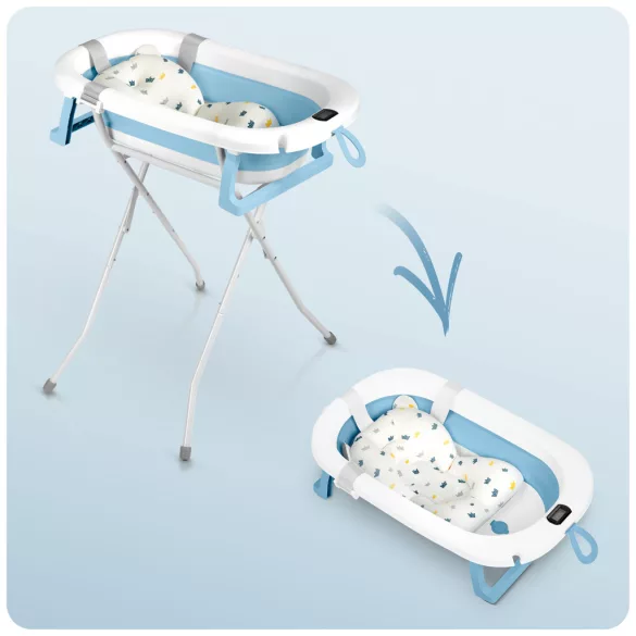 Utazó gyerekkád, Ricokids RK-287, fehér/kék, 85 x 45 cm, 45 l, összecsukható, hőmérővel, hőérzékelős dugóval, kivehető párnával, állvánnyal, teherbírás: 45 kg, 0-3 éves korig