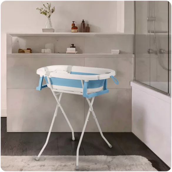 Utazó gyerekkád, Ricokids RK-287, fehér/kék, 85 x 45 cm, 45 l, összecsukható, hőmérővel, hőérzékelős dugóval, kivehető párnával, állvánnyal, teherbírás: 45 kg, 0-3 éves korig