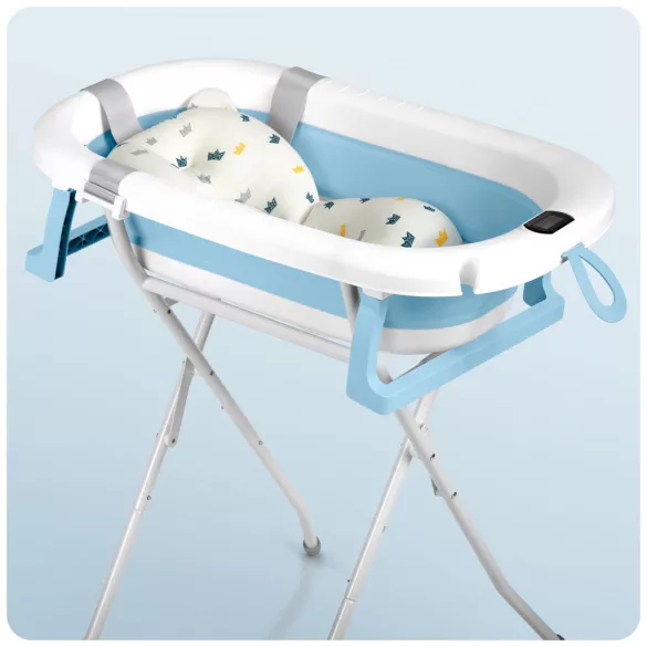 Utazó gyerekkád, Ricokids RK-287, fehér/kék, 85 x 45 cm, 45 l, összecsukható, hőmérővel, hőérzékelős dugóval, kivehető párnával, állvánnyal, teherbírás: 45 kg, 0-3 éves korig