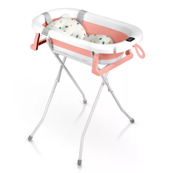 Utazó gyerekkád, Ricokids RK-287, fehér/rózsaszín, 85 x 45 cm, 45 l, összecsukható, hőmérővel, hőérzékelős dugóval, kivehető párnával, állvánnyal, teherbírás: 45 kg, 0-3 éves korig