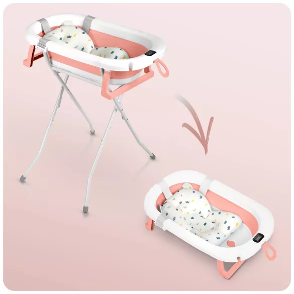 Utazó gyerekkád, Ricokids RK-287, fehér/rózsaszín, 85 x 45 cm, 45 l, összecsukható, hőmérővel, hőérzékelős dugóval, kivehető párnával, állvánnyal, teherbírás: 45 kg, 0-3 éves korig
