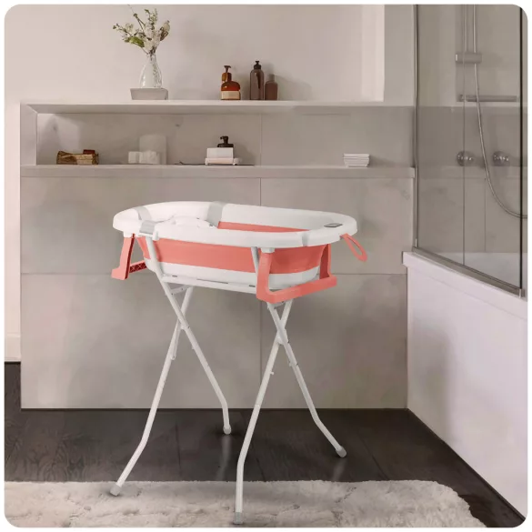 Utazó gyerekkád, Ricokids RK-287, fehér/rózsaszín, 85 x 45 cm, 45 l, összecsukható, hőmérővel, hőérzékelős dugóval, kivehető párnával, állvánnyal, teherbírás: 45 kg, 0-3 éves korig